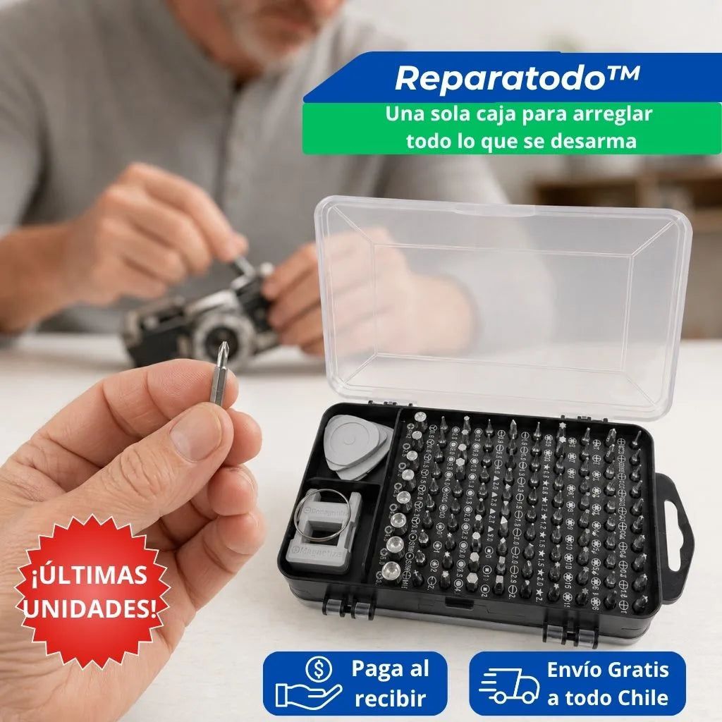 El Reparatodo™ — Una sola caja para arreglar todo lo que se desarma